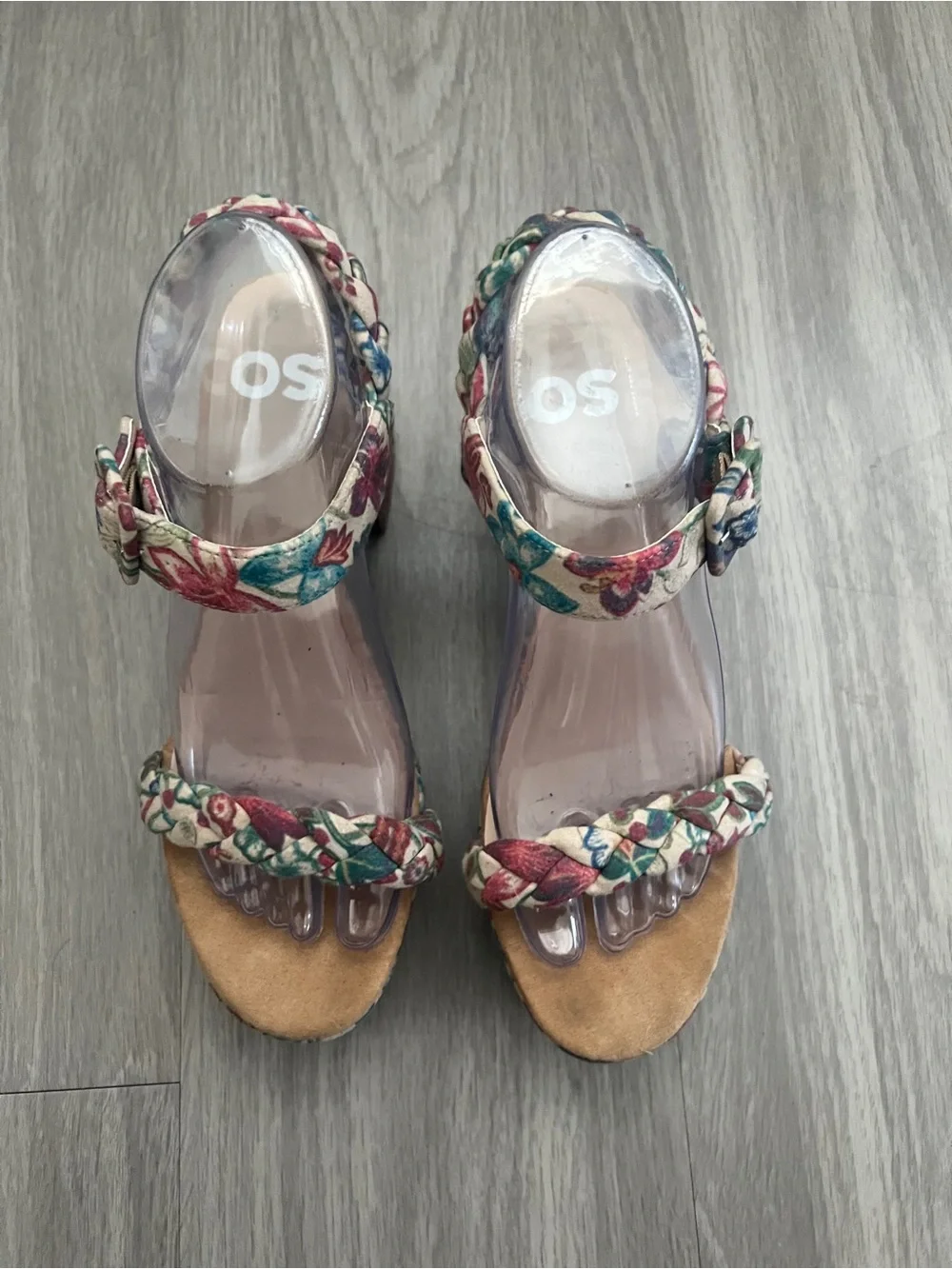 SO Floral Platform Sandals Women’s Size 8 Braided Ankle Strap Block Heel Boho Co